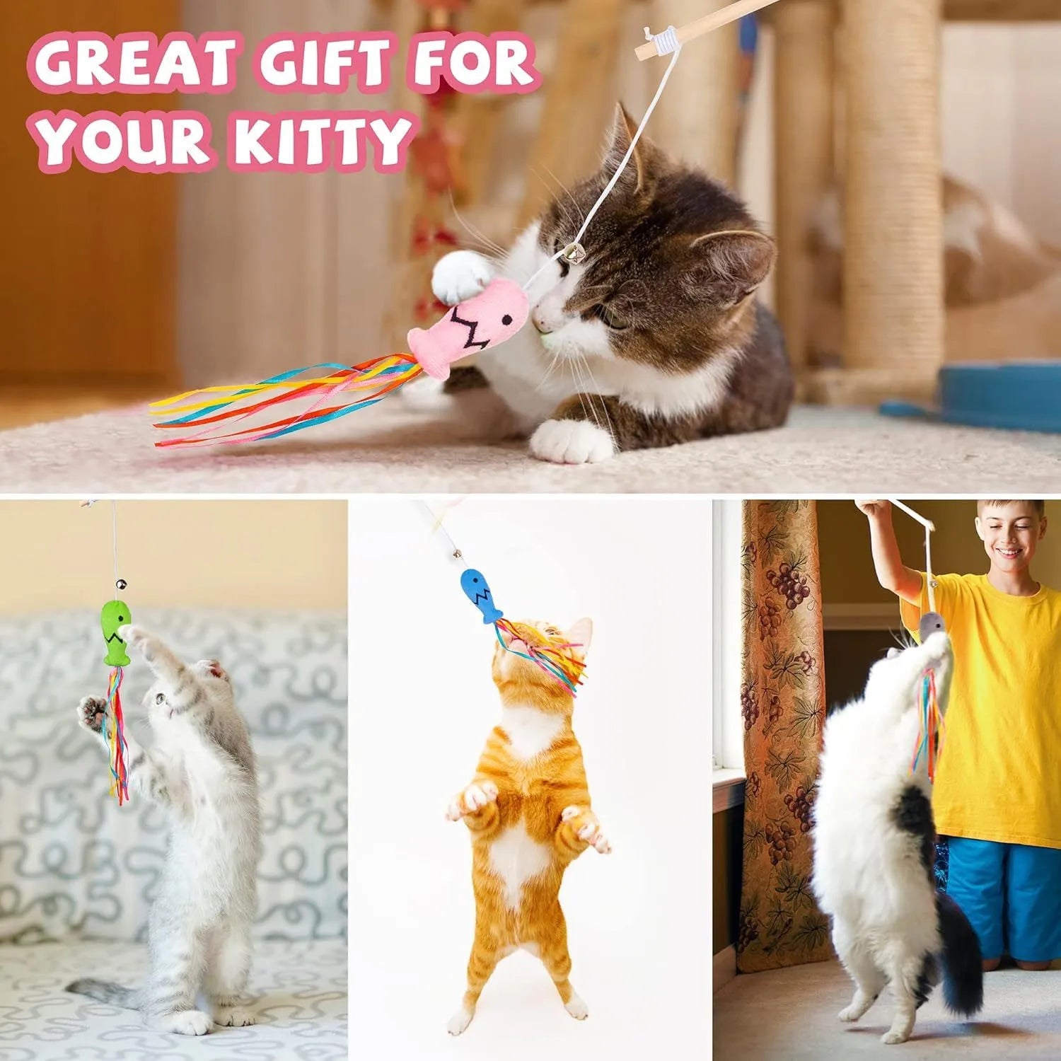 Cat wand toy with wooden handle, colourful ribbons, bell and catnip fish attachment