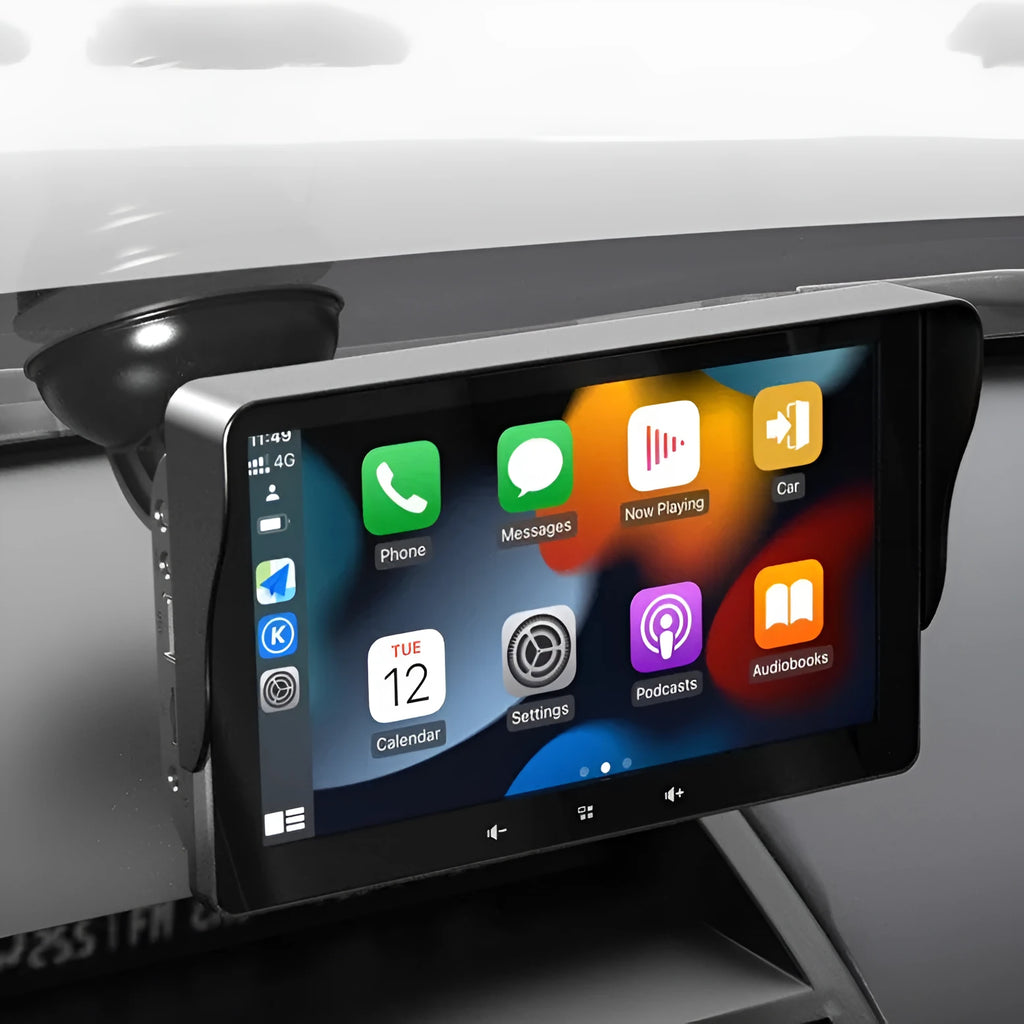 7-inch wireless CarPlay display with suction cup mount and cigarette lighter power cable