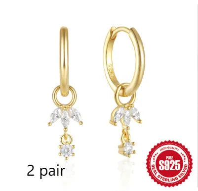 Golden sterling silver sunflower geometry earrings with inlaid zircon stones for women.
