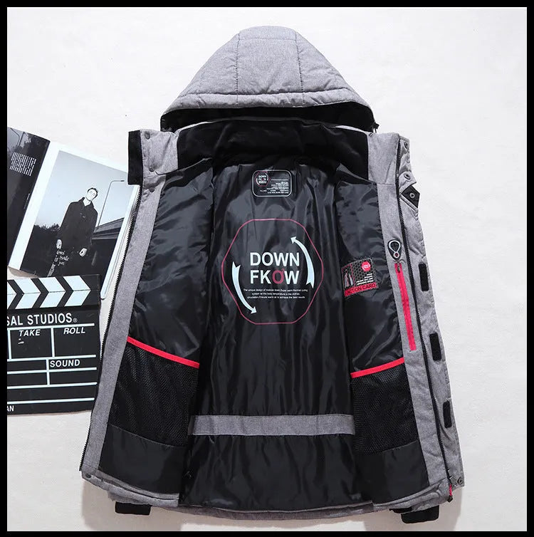 Men's down jacket with polyester fibre shell in Black, Blue, Green, Grey, or Orange Red, sizes L to 4XL