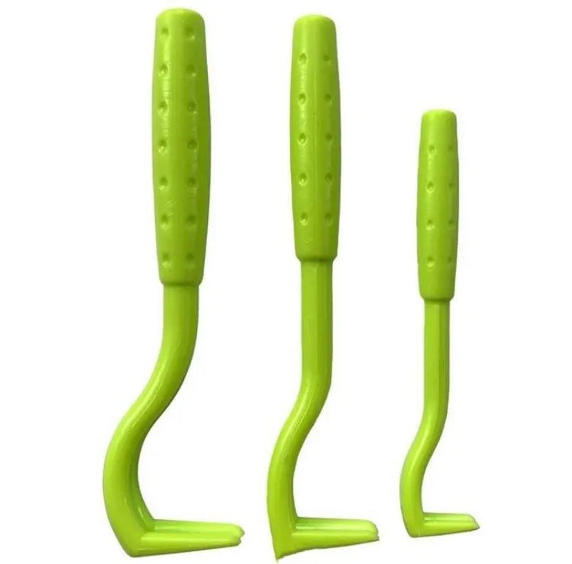 Three plastic pet tick removal hooks in blue and green colours for dog and cat parasite elimination