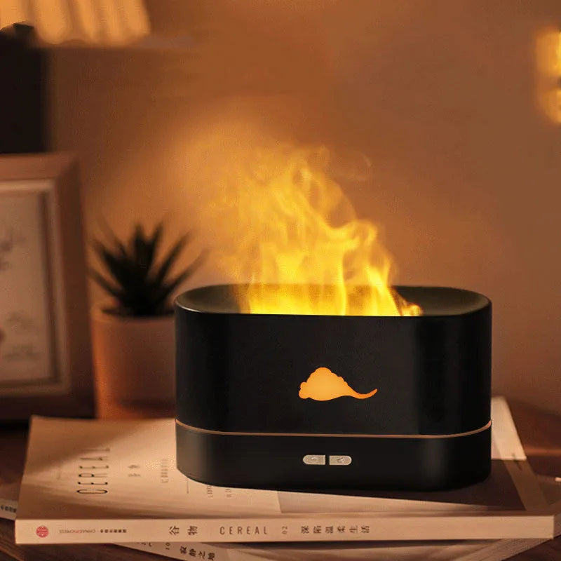Square white flame humidifier on a desk showing a colourful 3D flame projection and a crystal salt stone.