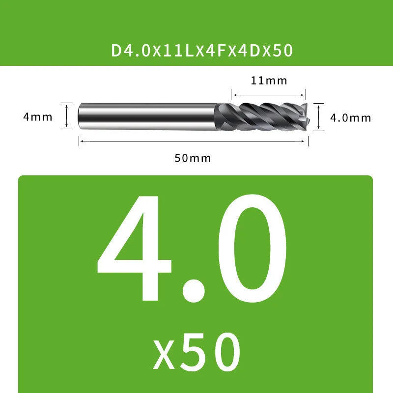 Tungsten steel 4-blade end mill with 35° helix angle showing cutting edges and dimensional specifications