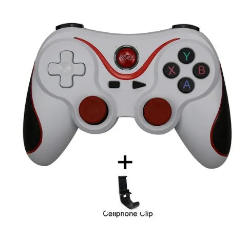 Black and white X3 version wireless Bluetooth game controller for Android phones with mobile phone clip.