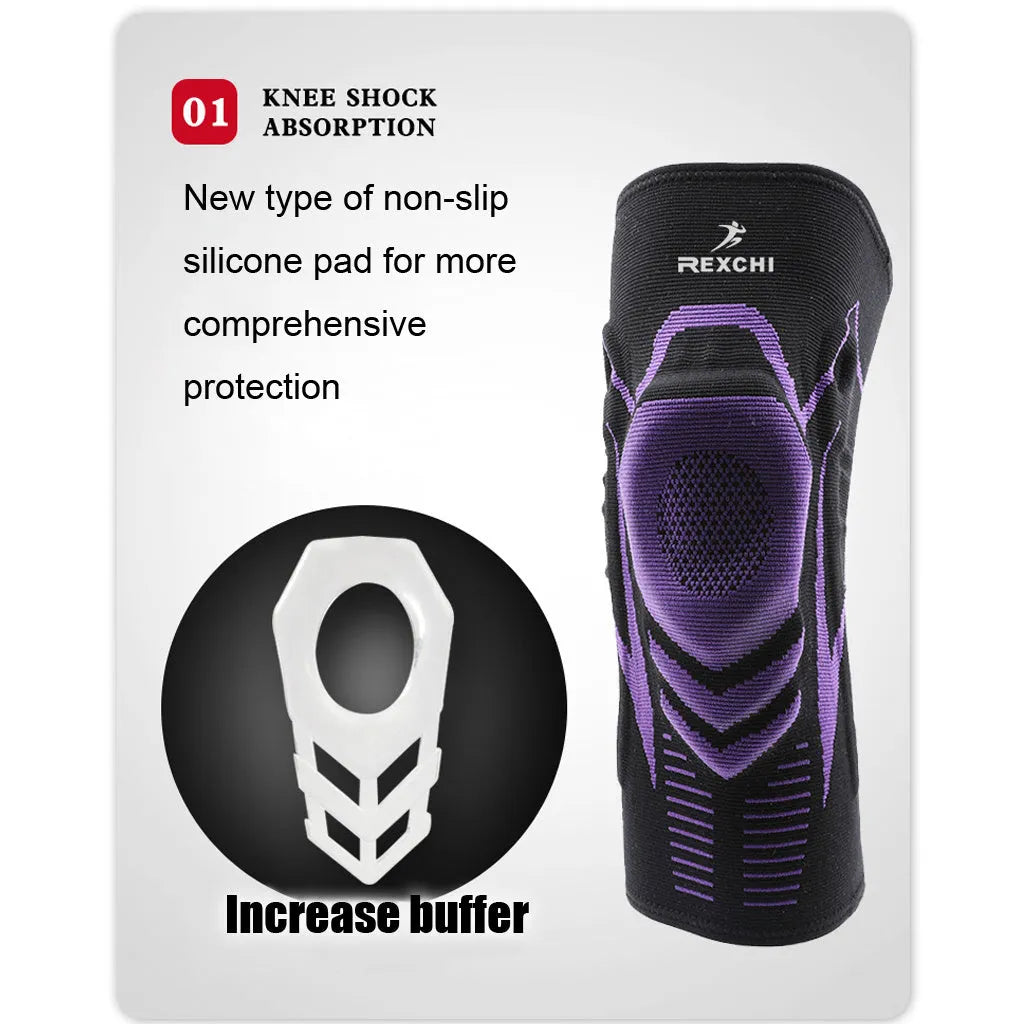 Black and purple silicone knee pad with spandex outer for basketball and football, size M, Hx17 style