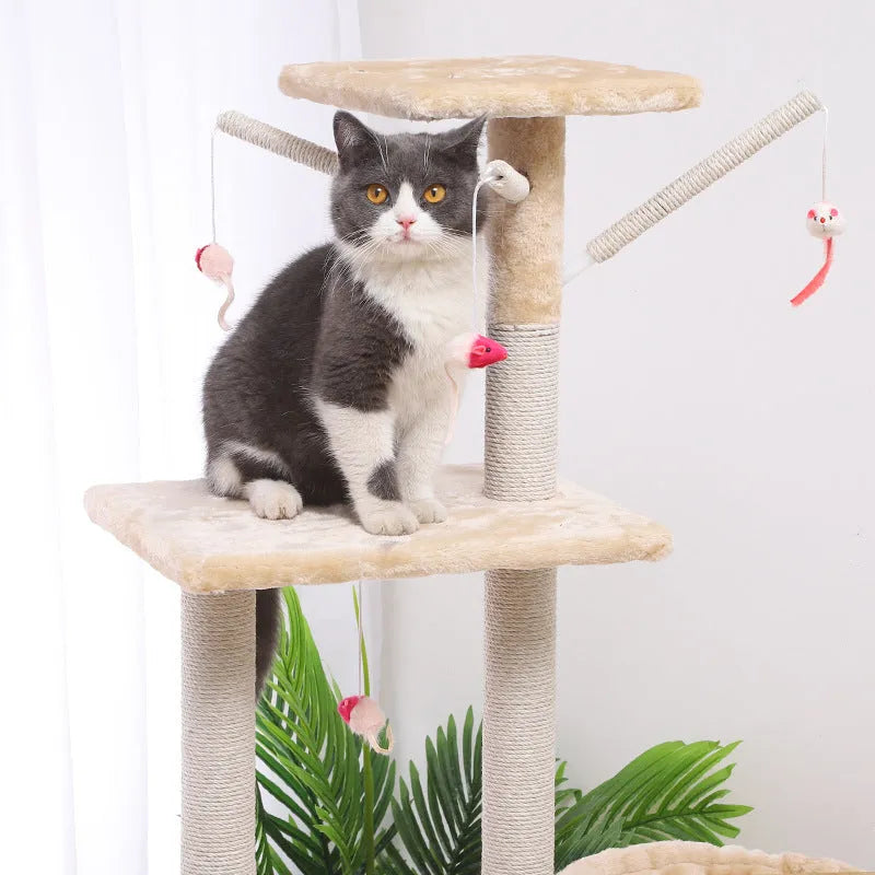 Cat Climber Cat House 140cm multi-level tower with sisal scratching posts in beige and grey colour options.