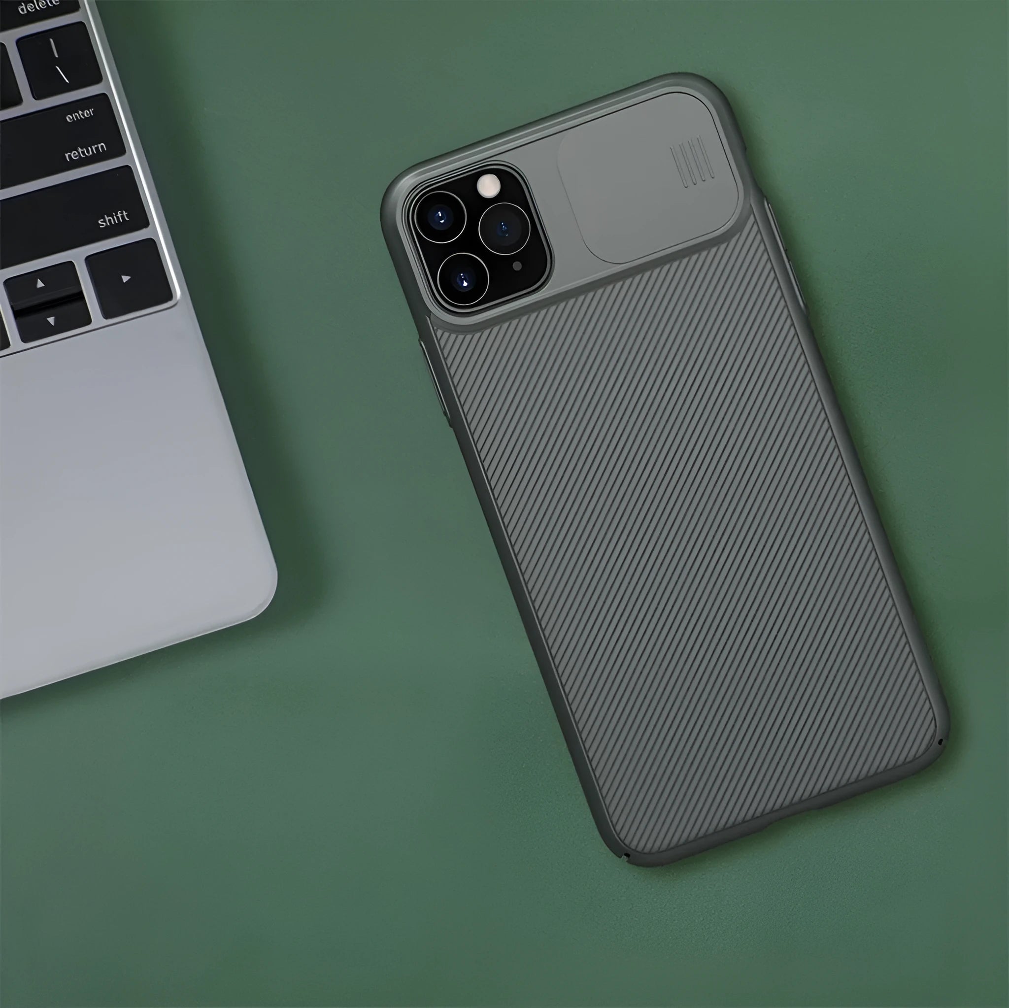 Nelkin phone case for iPhone 11 with black lens slide cover in closed position