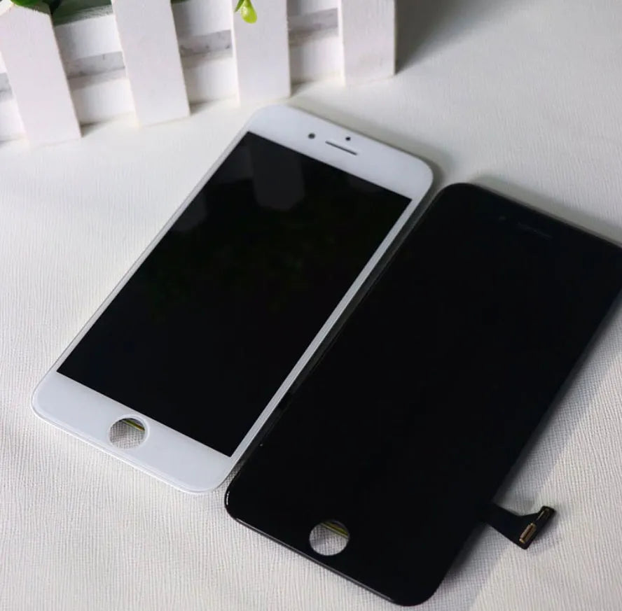 iPhone LCD replacement screen with capacitive touch layer and disassembly tool.