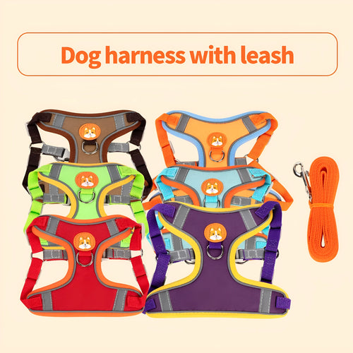 Adjustable dog harness vest with haulage rope in one of six colours: purple, blue, orange, red, brown, or green.