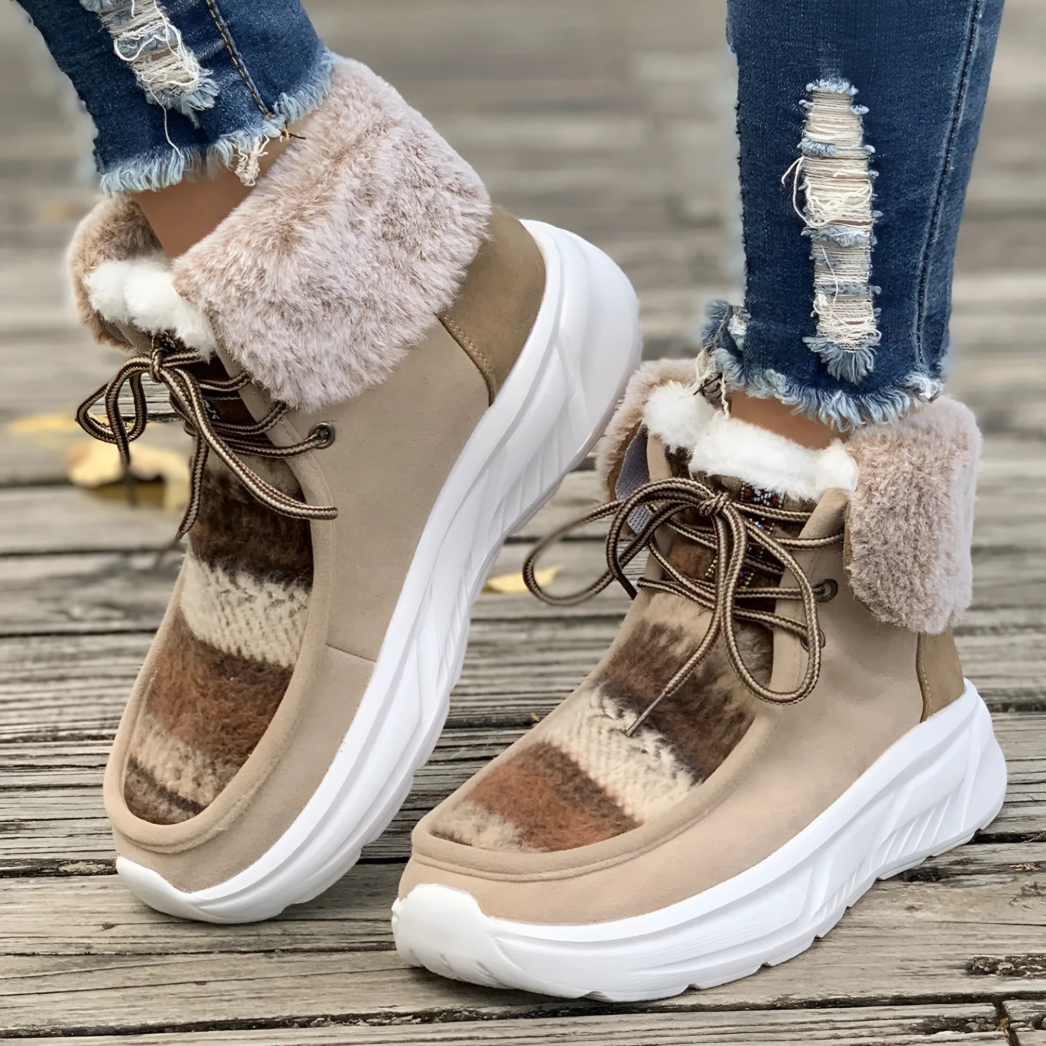 Women's beige lace-up suede snow boots with a thick rubber sole and plush lining, shown from the side.
