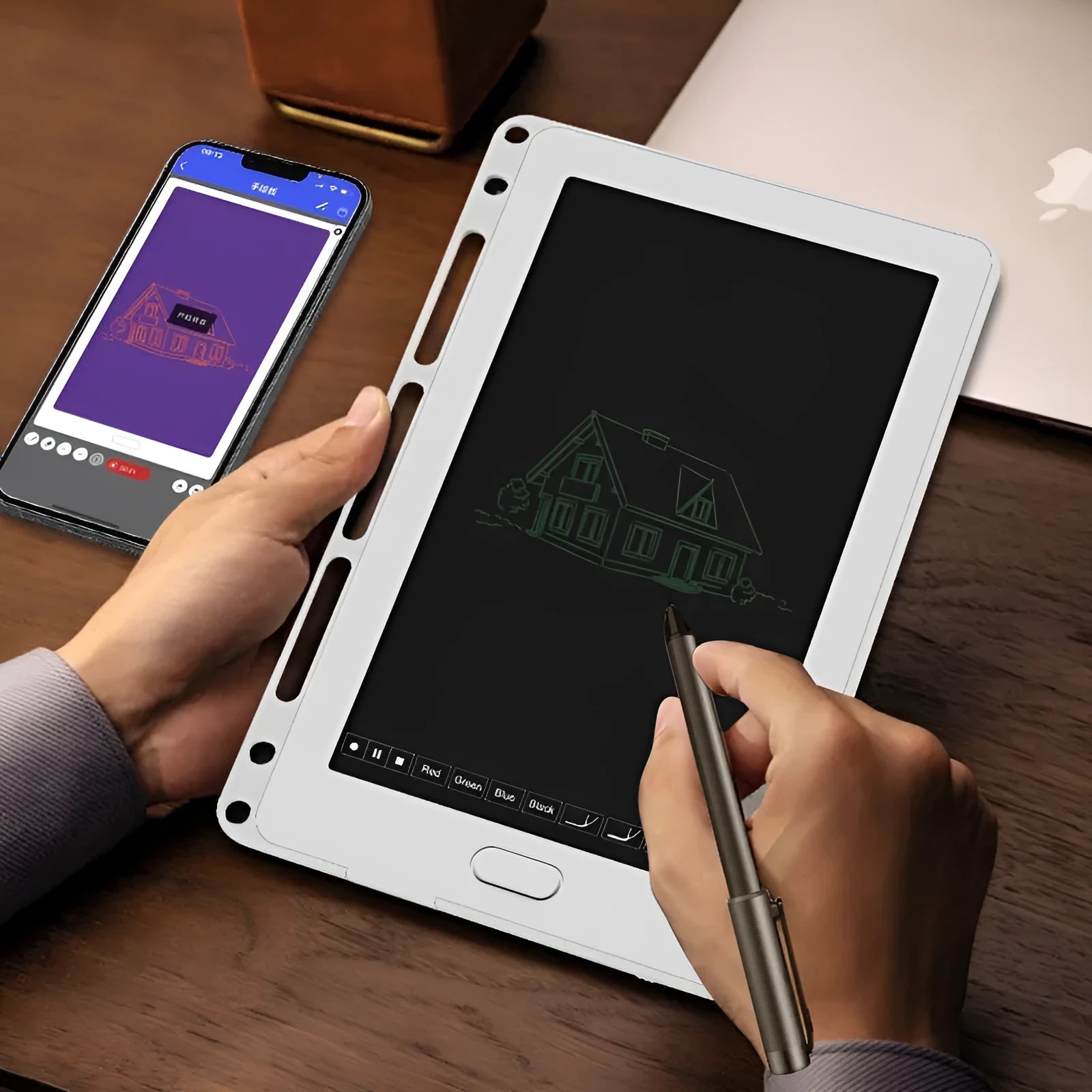 85-inch electronic writing pad with smart pen in stitching appearance design, available in black, dark blue and sky blue