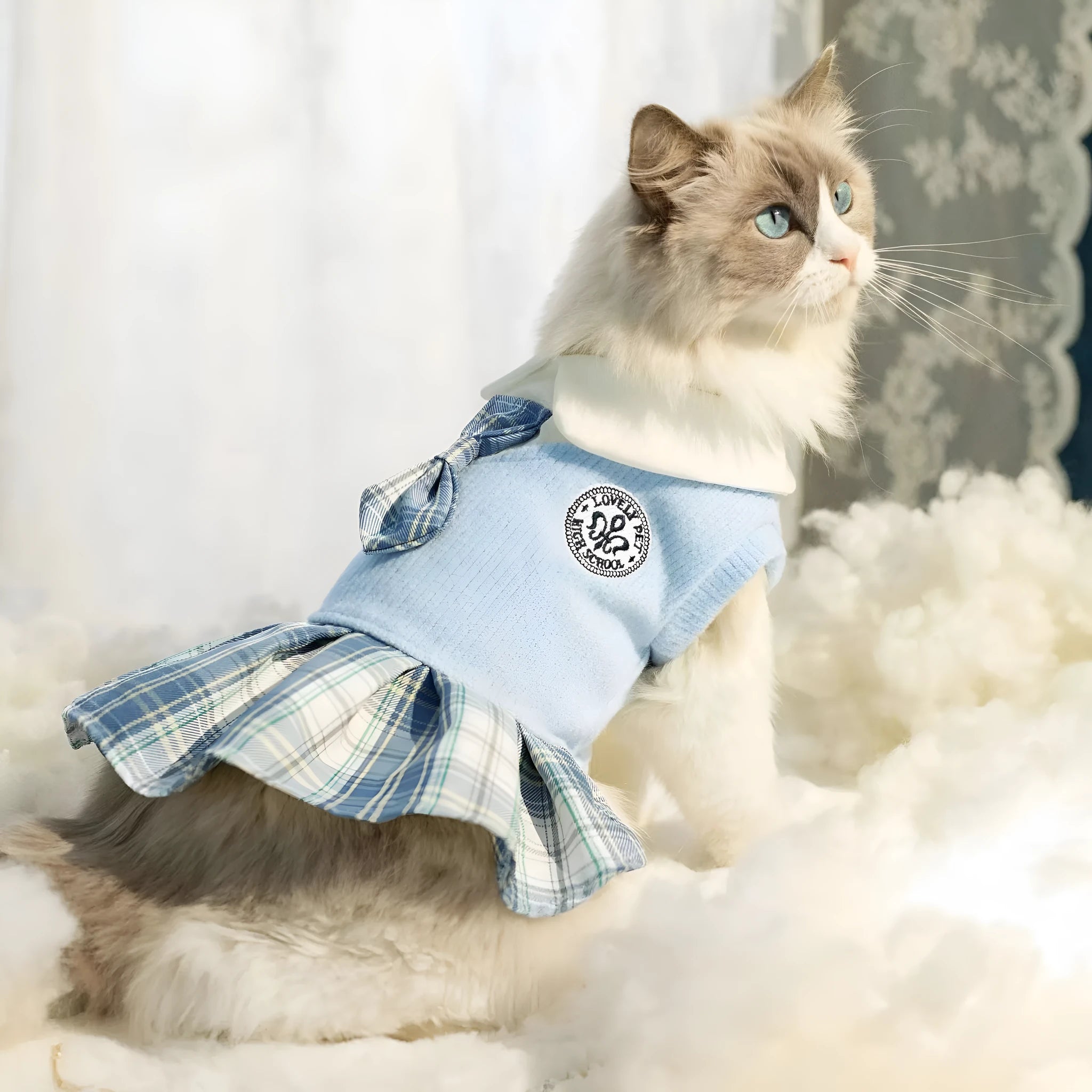 Polyester tartan skirt for pet dogs and cats in princess style with pink, blue, green colour options