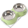 Double pet bowl set with two stainless steel bowls and blue straw holder on white background