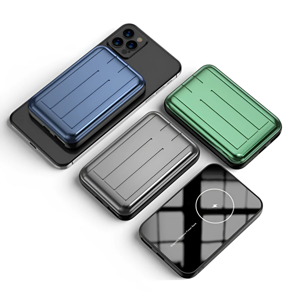 Magnetic wireless power bank in blue colour showing magnetic connectors and compact 98mm design