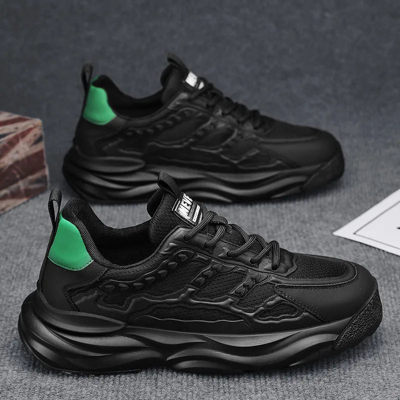 Men's white and black breathable mesh shoes with round toe design and PU construction