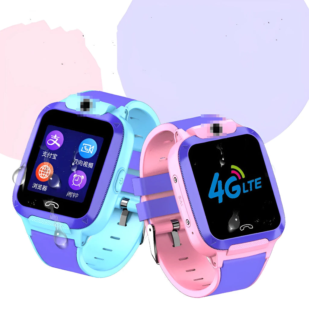 A child's blue silicone strap smartwatch with a touchscreen showing a video call interface.