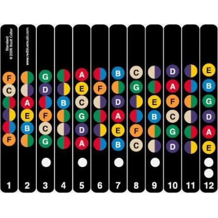 Guitar fretboard note stickers on acoustic guitar fingerboard showing note labels