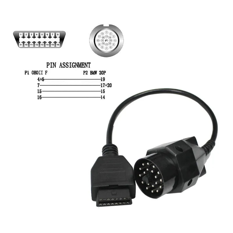 OBD2 adapter cable with BMW 20-pin round plug and standard 16-pin socket for car diagnostics