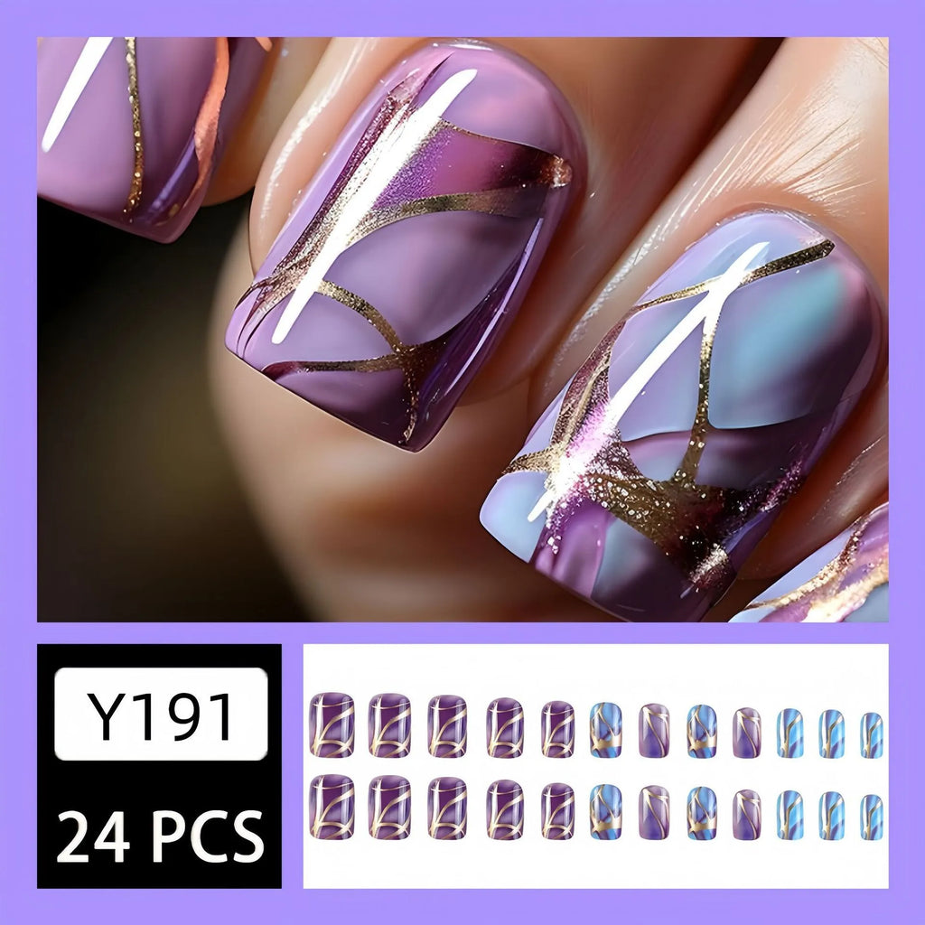 Purple striped nail stickers in medium length European and American style for nail art decoration.