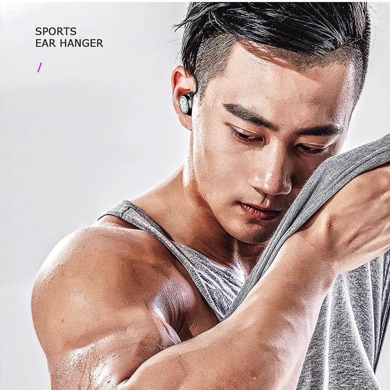Touch control wireless Bluetooth earbuds in black, white, red, and blue colours showing earbud design.