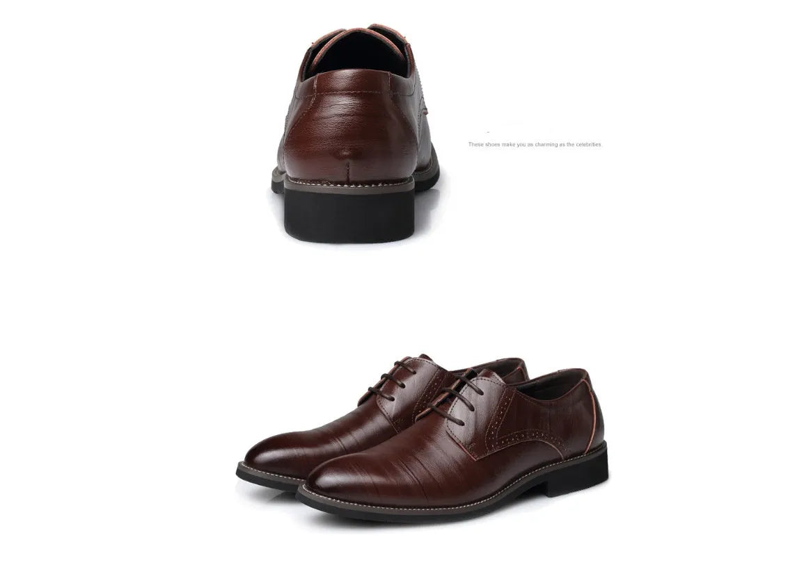 Men's plain toe dress shoes with rivet details, rubber sole, available in black, blue, brown, yellow, sizes 38-48