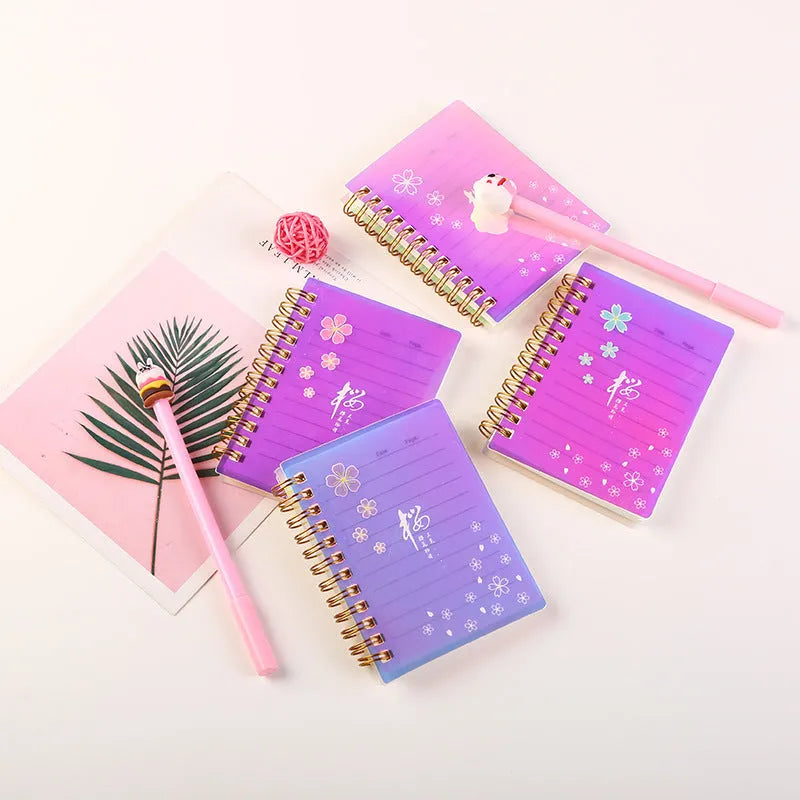 A7 spiral notebook with colourful PP cover, showing spiral binding and open pages