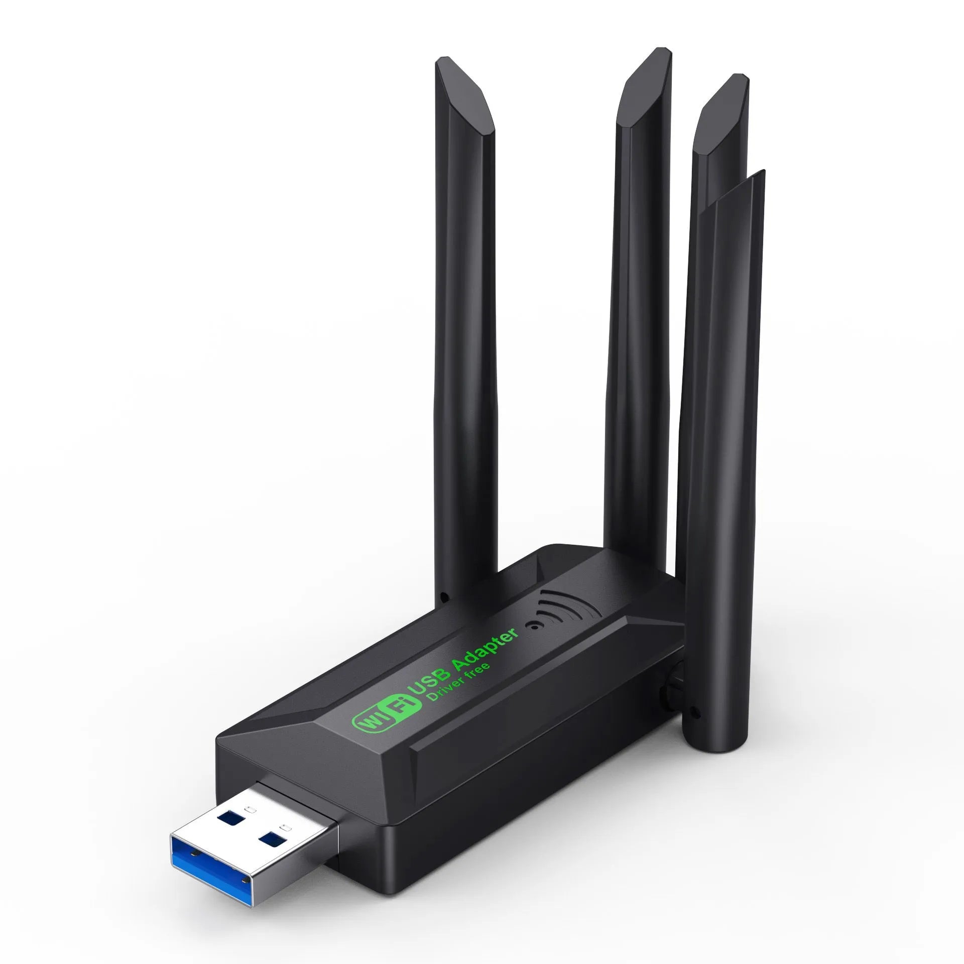 Black external USB network transmitter device with four extended antennas.