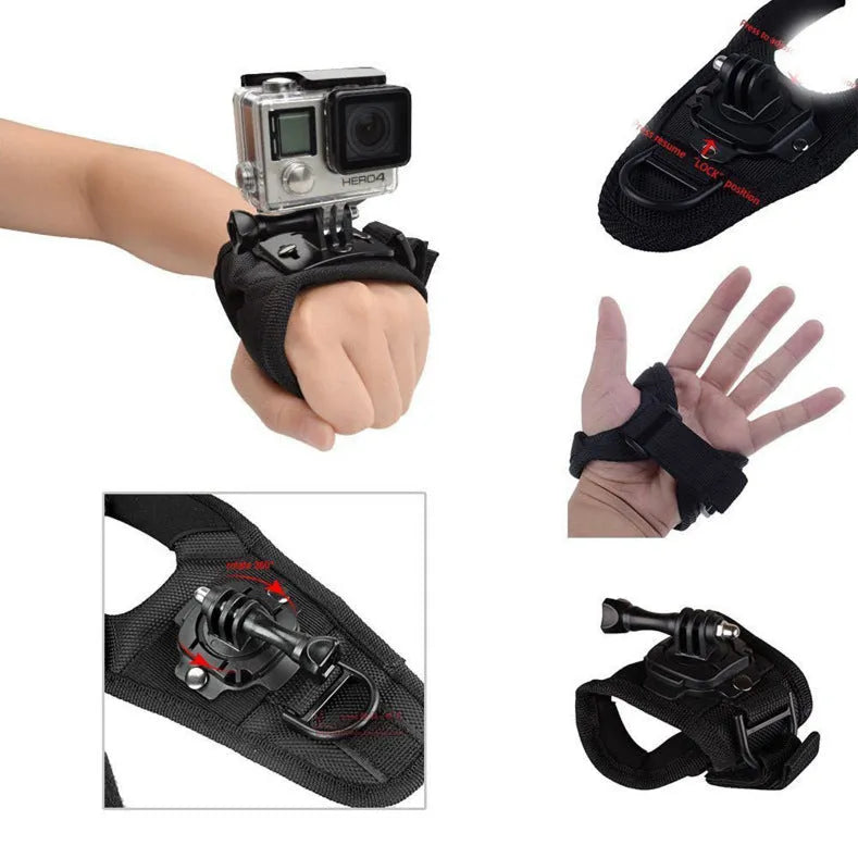Black GoPro wrist strap with 360-degree rotating camera mount on a palm.