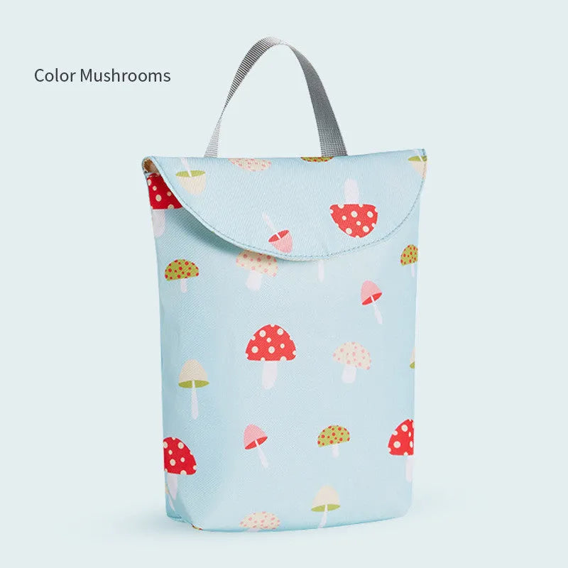 Baby diaper storage bag made of pure cotton waterproof fabric in Yellow Fox print, measuring 24x20x5cm with Velcro closure