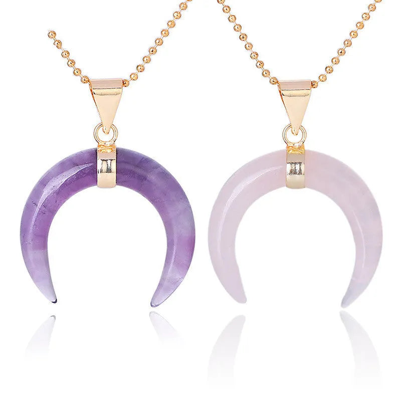 Natural stone moon pendant necklace with copper fittings and electroplated finish on adjustable 45cm chain