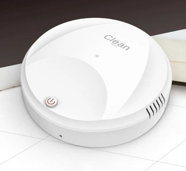 Smart vacuum cleaner charging version in black on a wooden floor with automatic obstacle sensing