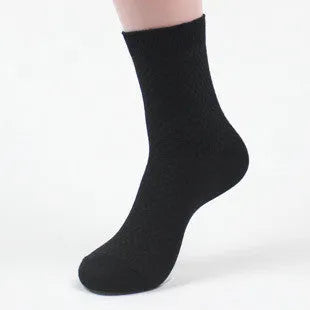 Men's bamboo fibre ankle socks in black, navy, silver grey, iron grey, and grey blue with a small square pattern.