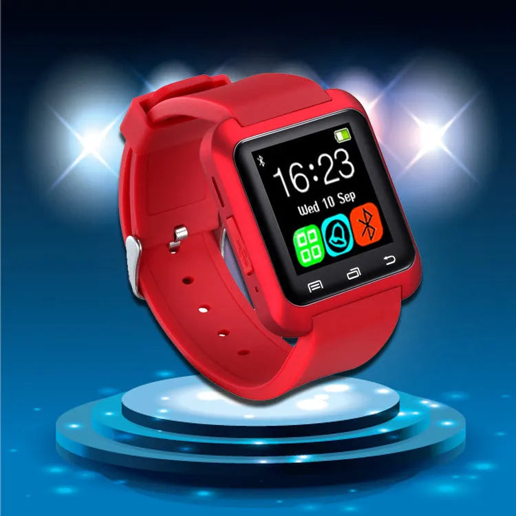 U8 Smart Bluetooth Watch in black, red, or white colours on a wrist.