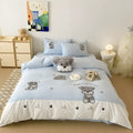 Cartoon Schnauzer dog pattern embroidered cotton bedding set with quilt cover, sheet, and pillowcases.