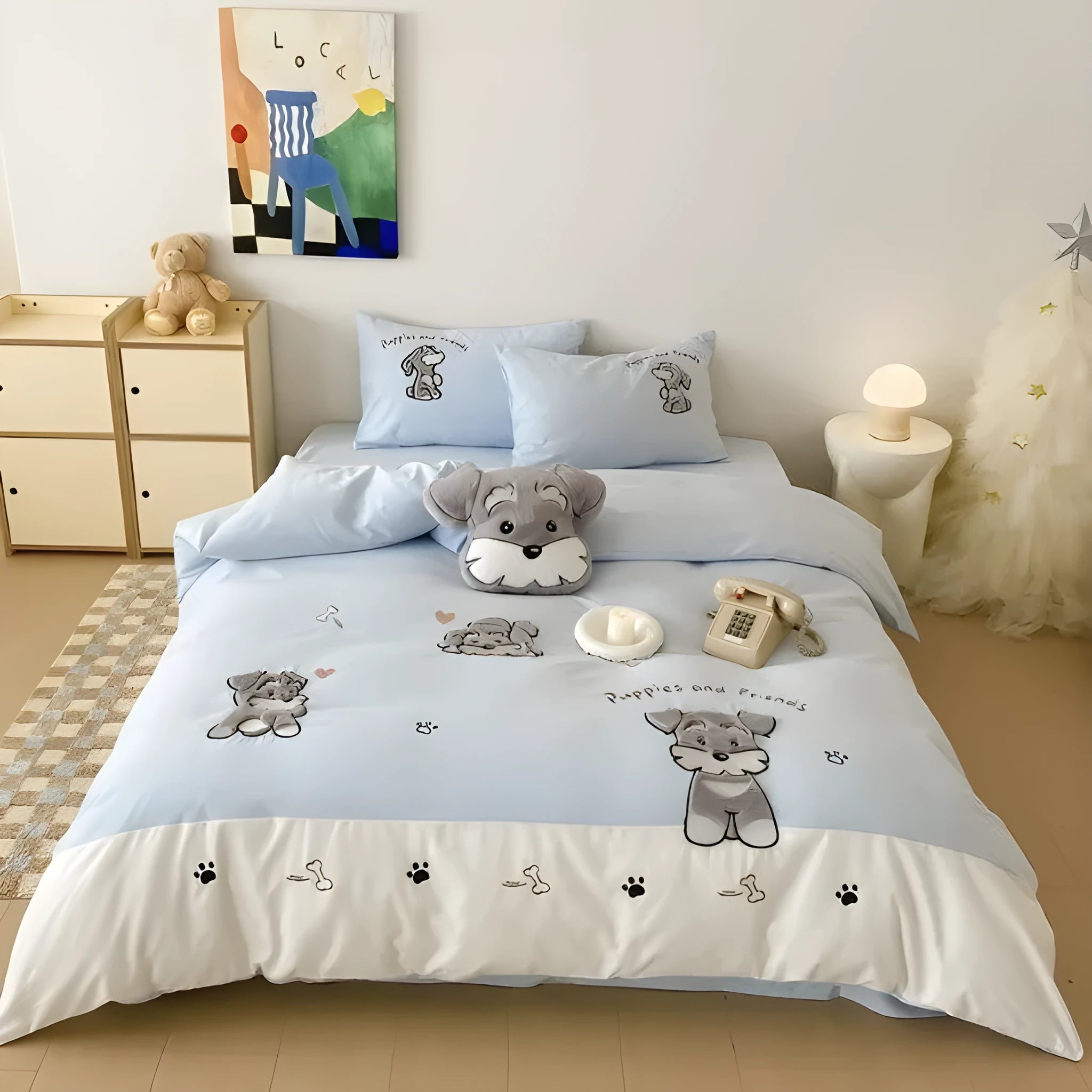 Cartoon Schnauzer dog pattern embroidered cotton bedding set with quilt cover, sheet, and pillowcases.