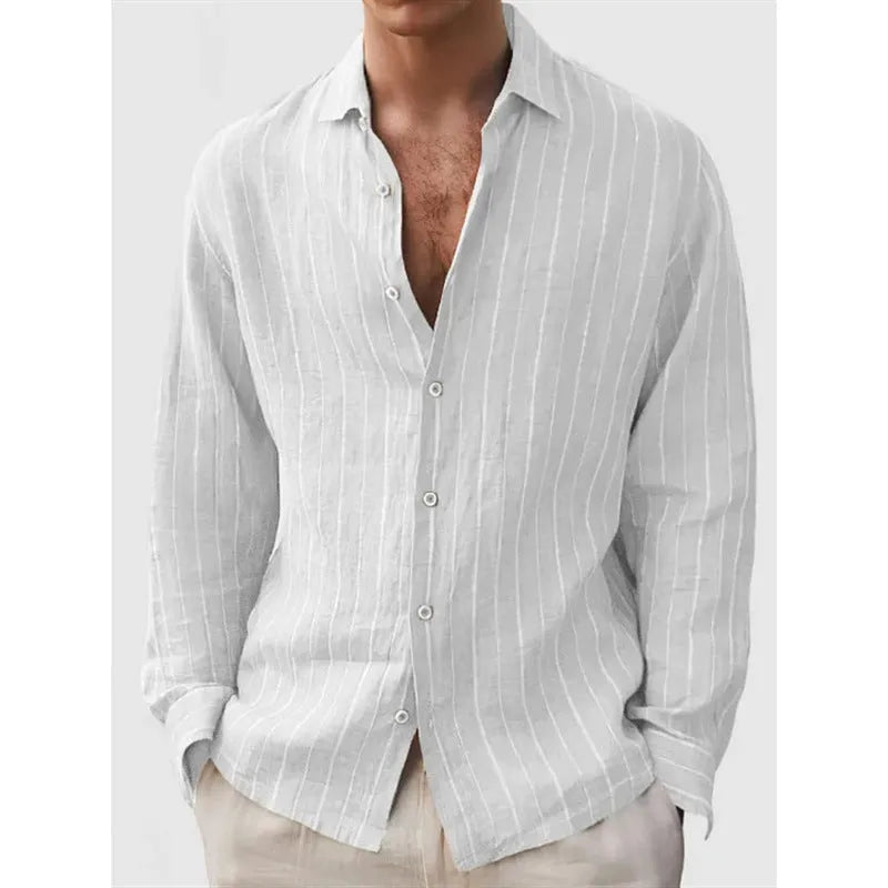 Man wearing loose fit striped polyester shirt with short sleeves in cardigan style