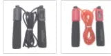 A skipping rope with foam handles showing its full 3-metre length, available in black, blue, green, and red.