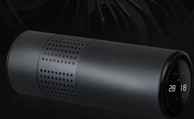 Aluminium alloy car air purifier with display screen and USB cable for vehicle use.