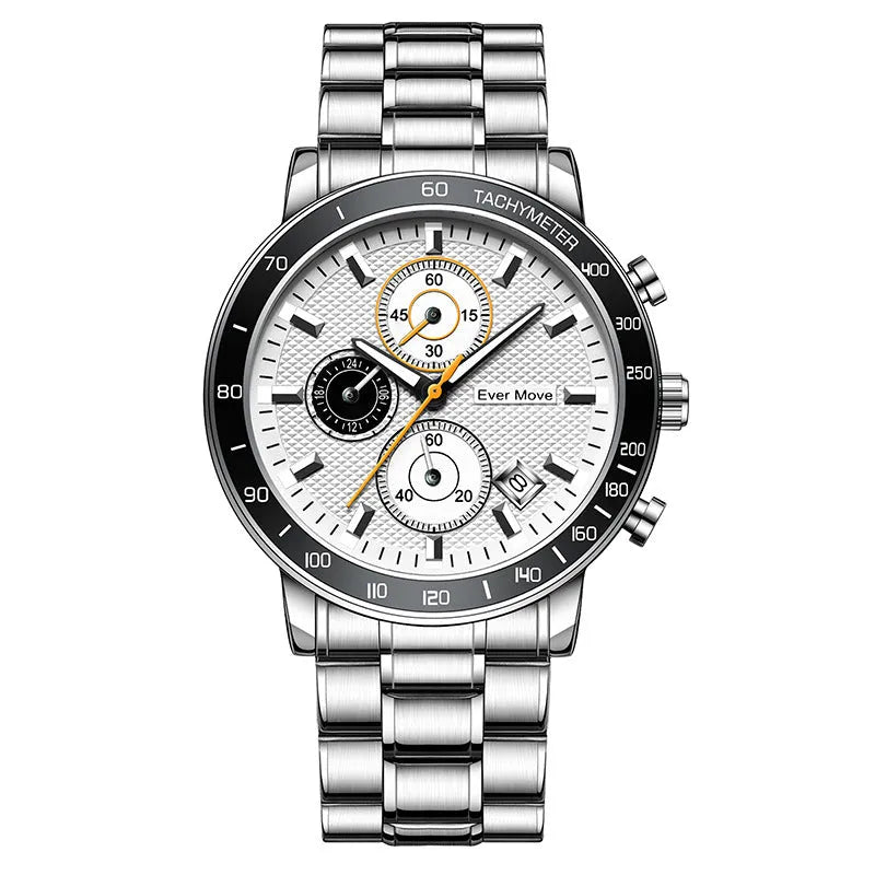 Waterproof quartz watch with steel bracelet, luminous hands, black dial, and three-pin design
