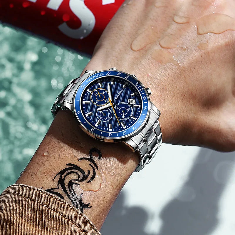 Waterproof quartz watch with steel bracelet, luminous hands, black dial, and three-pin design