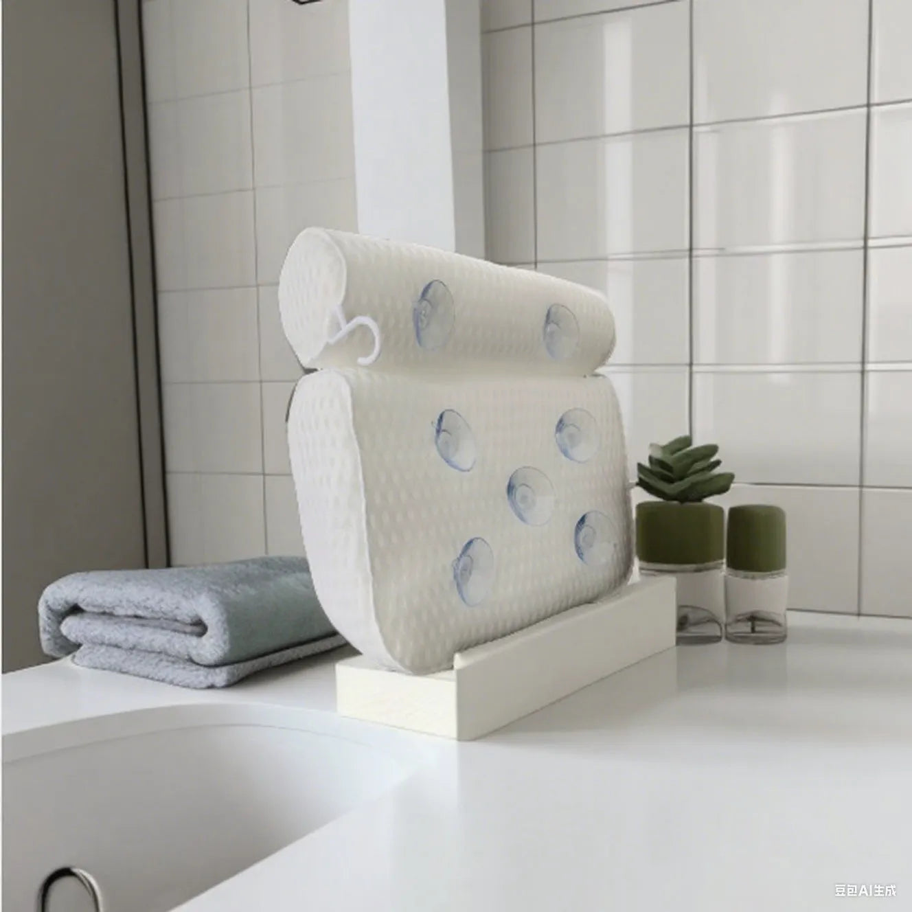White bathtub pillow with suction cups on a 4D mesh surface.