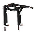 Black steel single parallel bars pull-up bar and sandbag rack mounted on a wall.