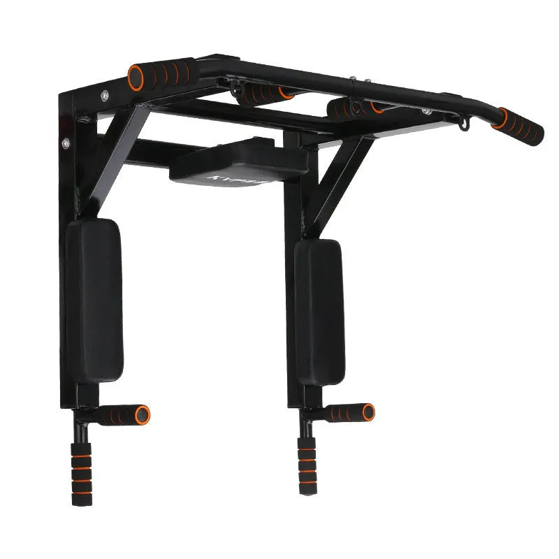 Black steel single parallel bars pull-up bar and sandbag rack mounted on a wall.
