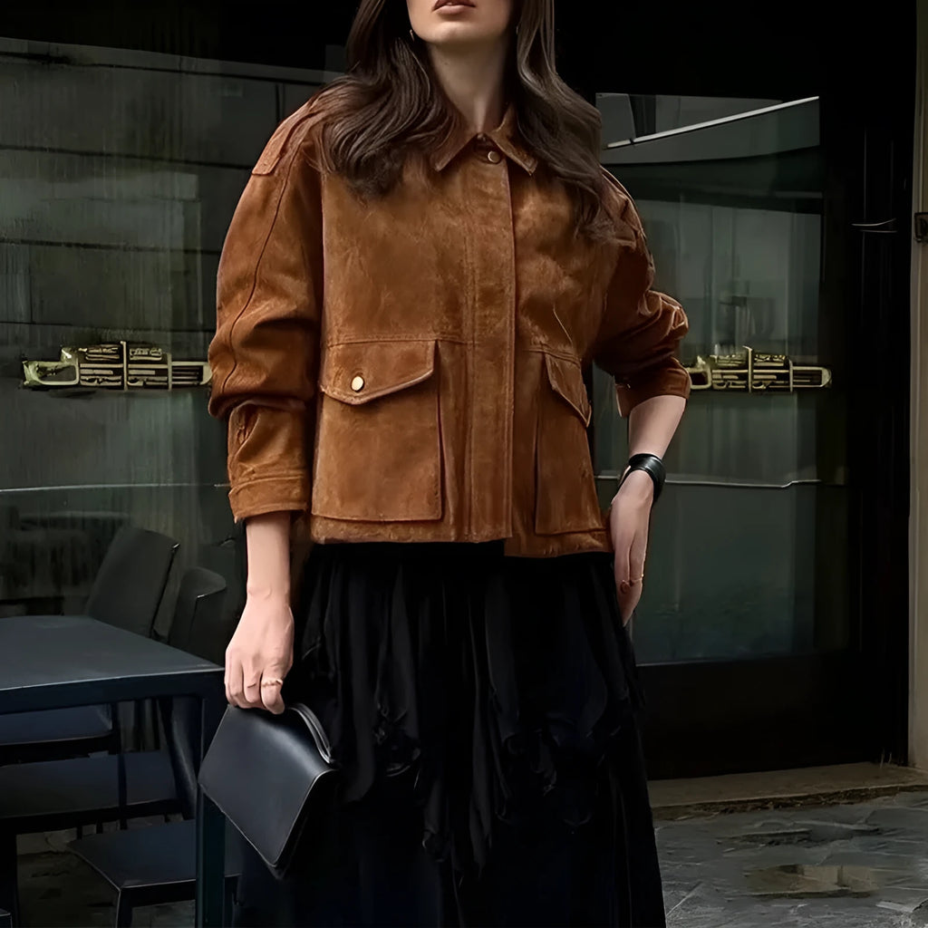 Women's bright brown polyester suede coat with regular sleeves, street chic style