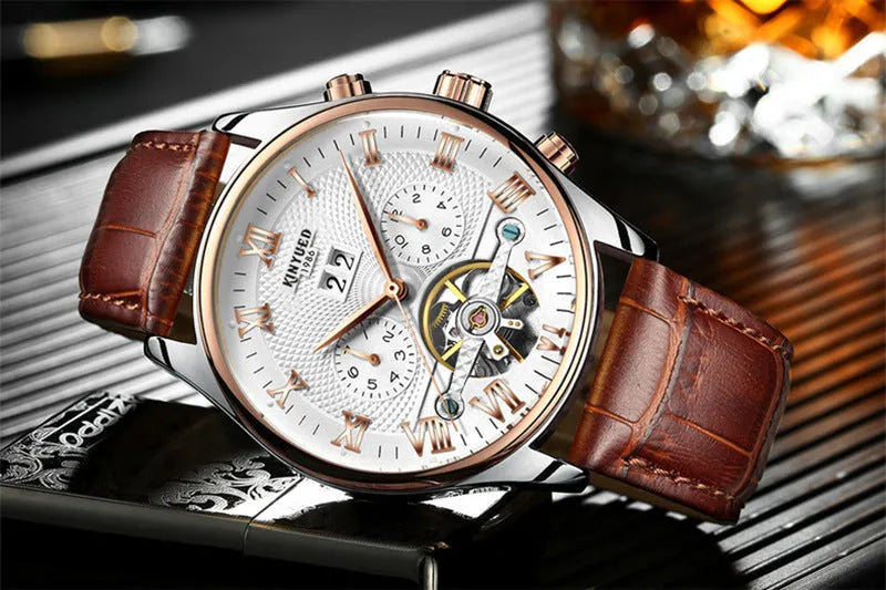 Automatic hollow tourbillon mechanical watch for men round alloy case 42mm dial leather band