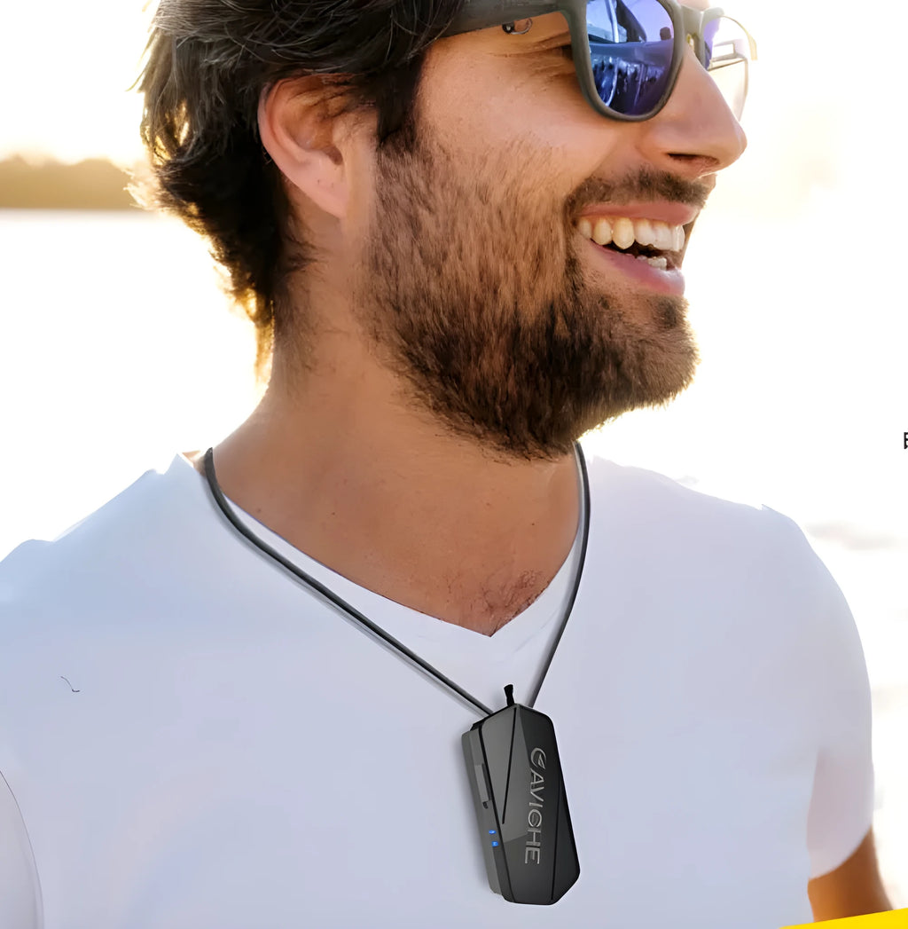 Black plastic wearable air purifier necklace showing compact dimensions.