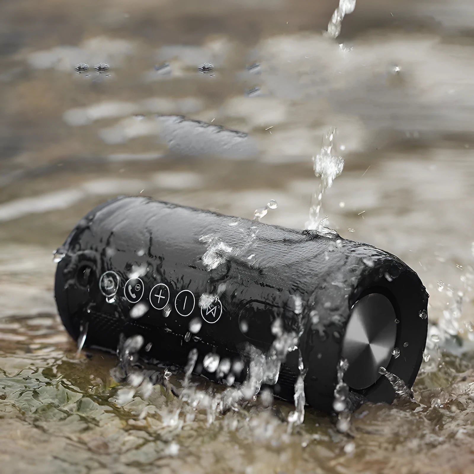 Compact portable outdoor Bluetooth speaker in camouflage finish, placed on a wooden garden table.