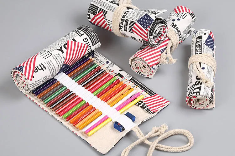 Canvas pencil wrap roll up case with elastic bands showing multiple slots for pens and pencils