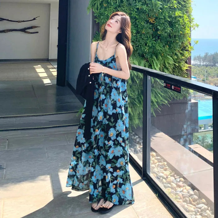 Blue floral strapless off-the-shoulder mid-length polyester dress with print, sleeveless, wide waist