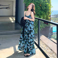 Blue floral strapless off-the-shoulder mid-length polyester dress with print, sleeveless, wide waist